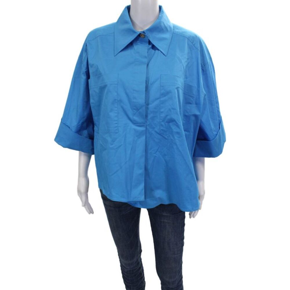 Edward Achour Womens Blue Collared 3/4 Sleeve Basic Blouse Size S